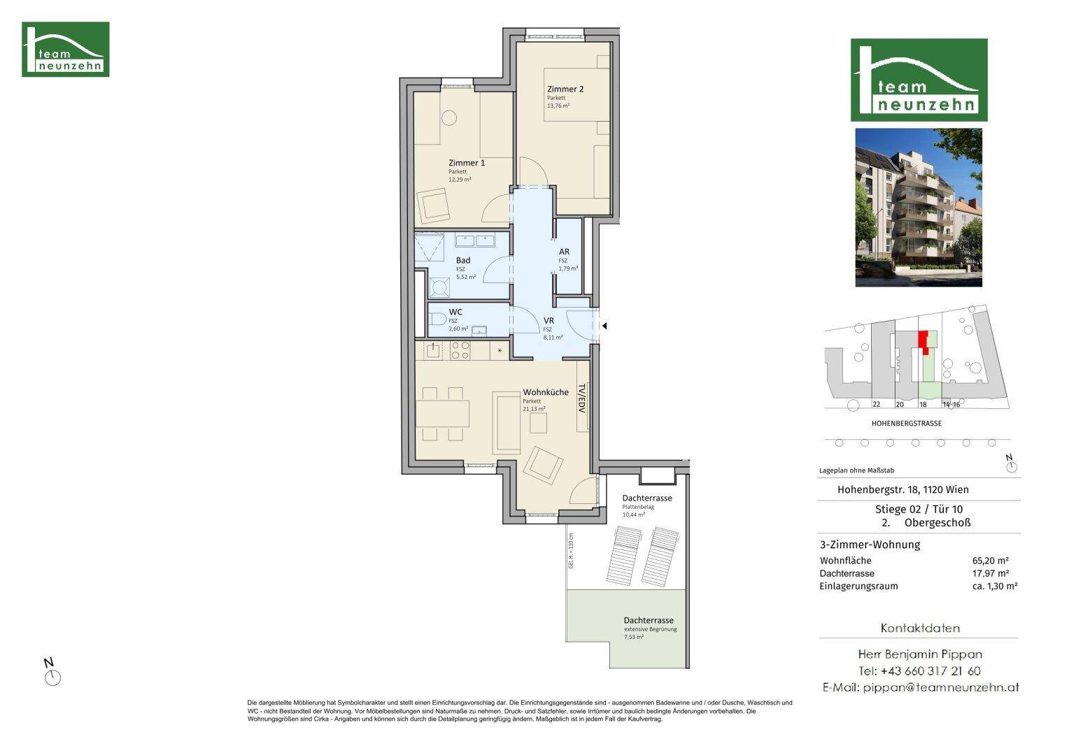 Grundriss einer 3-Zimmer-Wohnung mit Wohnküche, Bad, WC und einer großzügigen Dachterrasse.