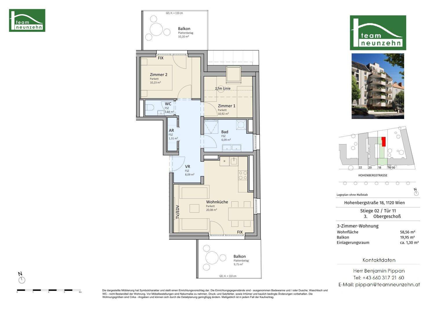 Grundriss einer 3-Zimmer-Wohnung mit zwei Balkonen und separatem WC.
