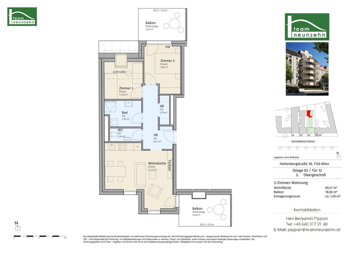 Grundriss einer 3-Zimmer-Wohnung mit zwei Balkonen und separatem WC.