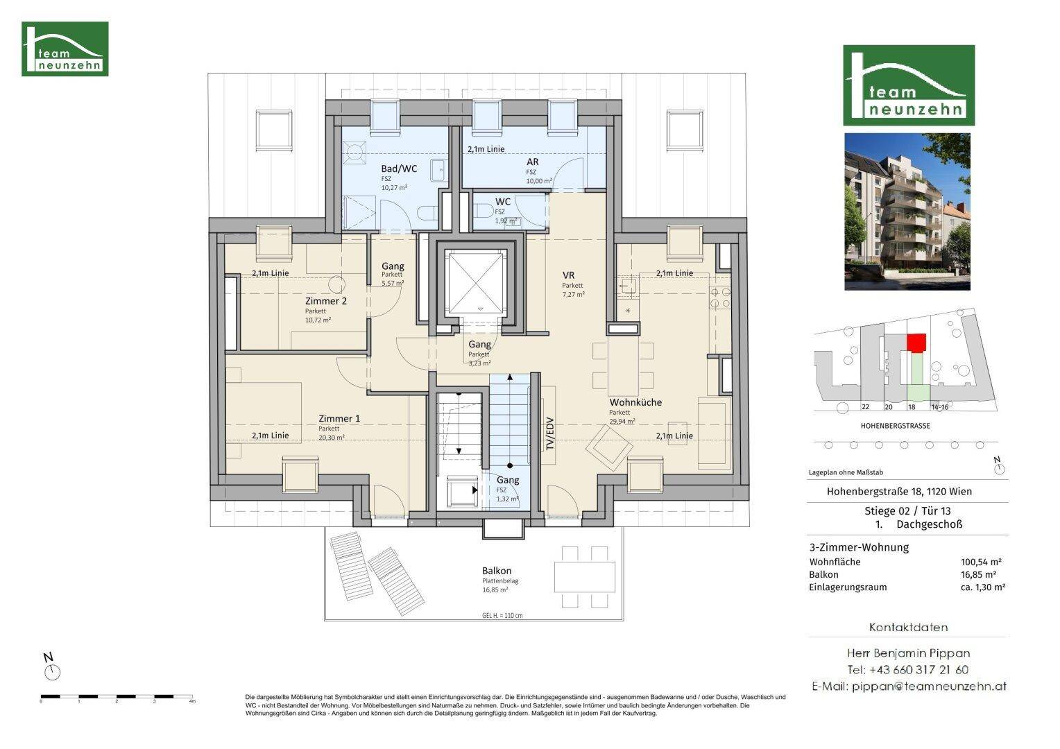 Grundriss einer 3-Zimmer-Wohnung im Dachgeschoss mit Balkon und zwei Bädern.