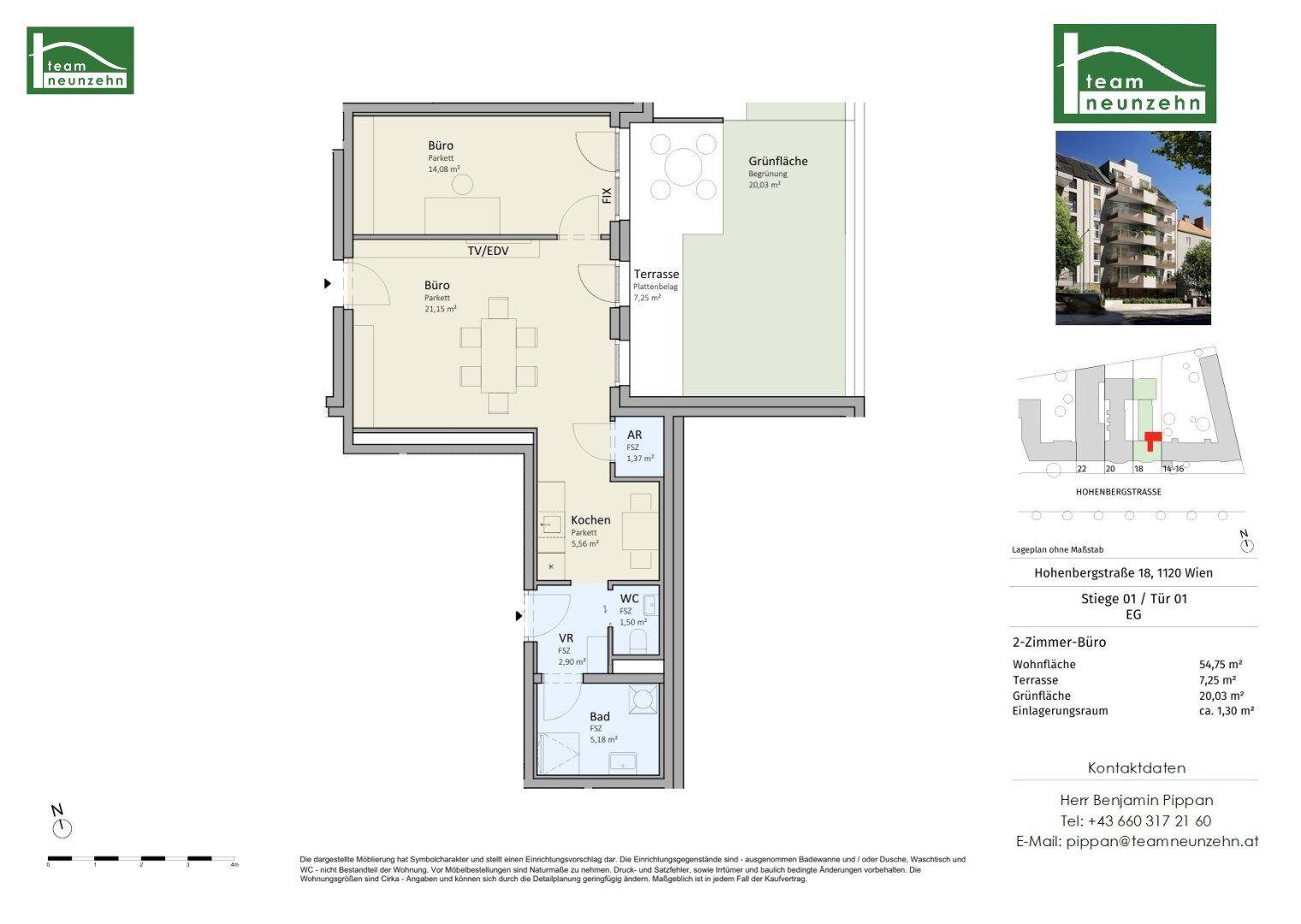 Grundriss einer 2-Zimmer-Wohnung mit Büro, Terrasse und Grünfläche, detailliert dargestellt.