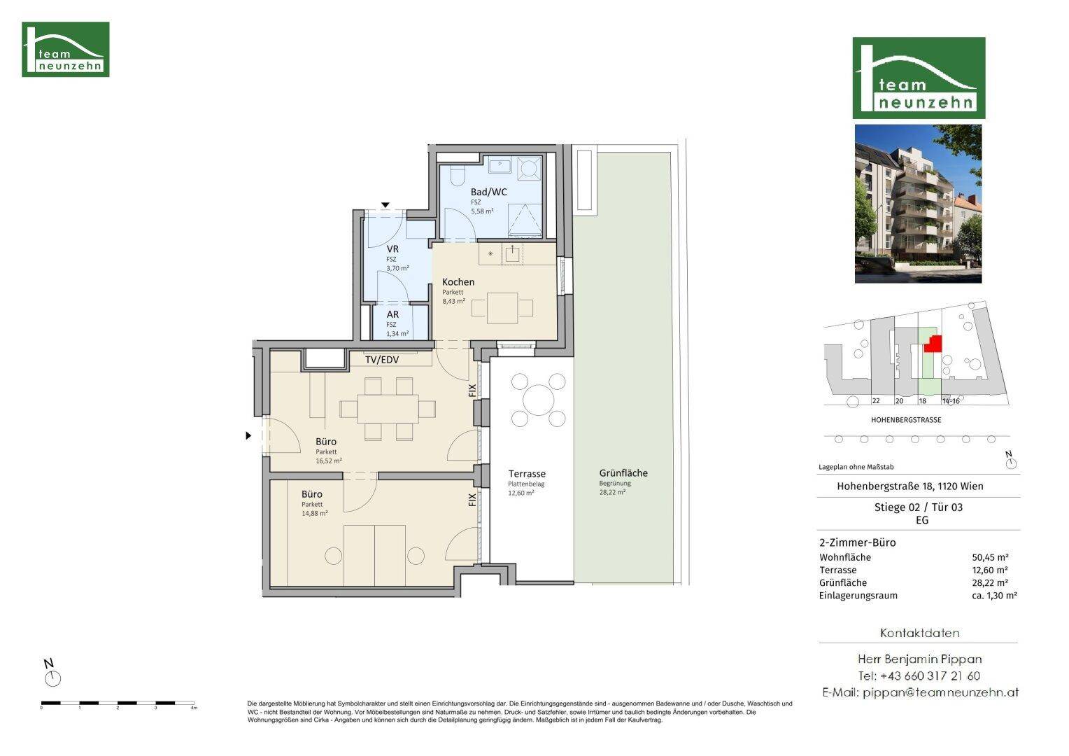 Grundriss einer 2-Zimmer-Wohnung mit Terrasse und Grünfläche im Erdgeschoss.