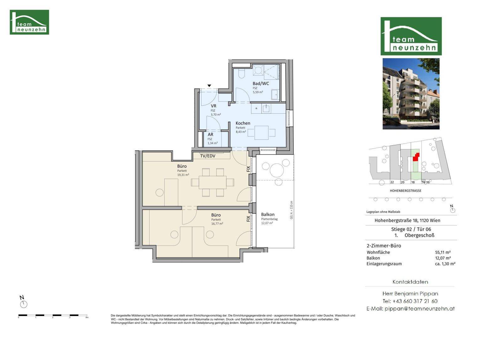 Grundriss einer 2-Zimmer-Wohnung mit Büro, Bad und Balkon im ersten Obergeschoss.