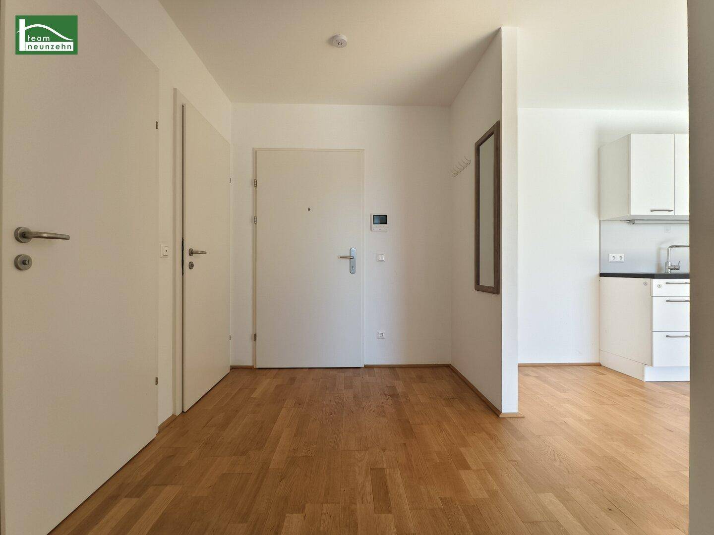 Heller Eingangsbereich mit Holzboden und Zugang zu verschiedenen Räumen.