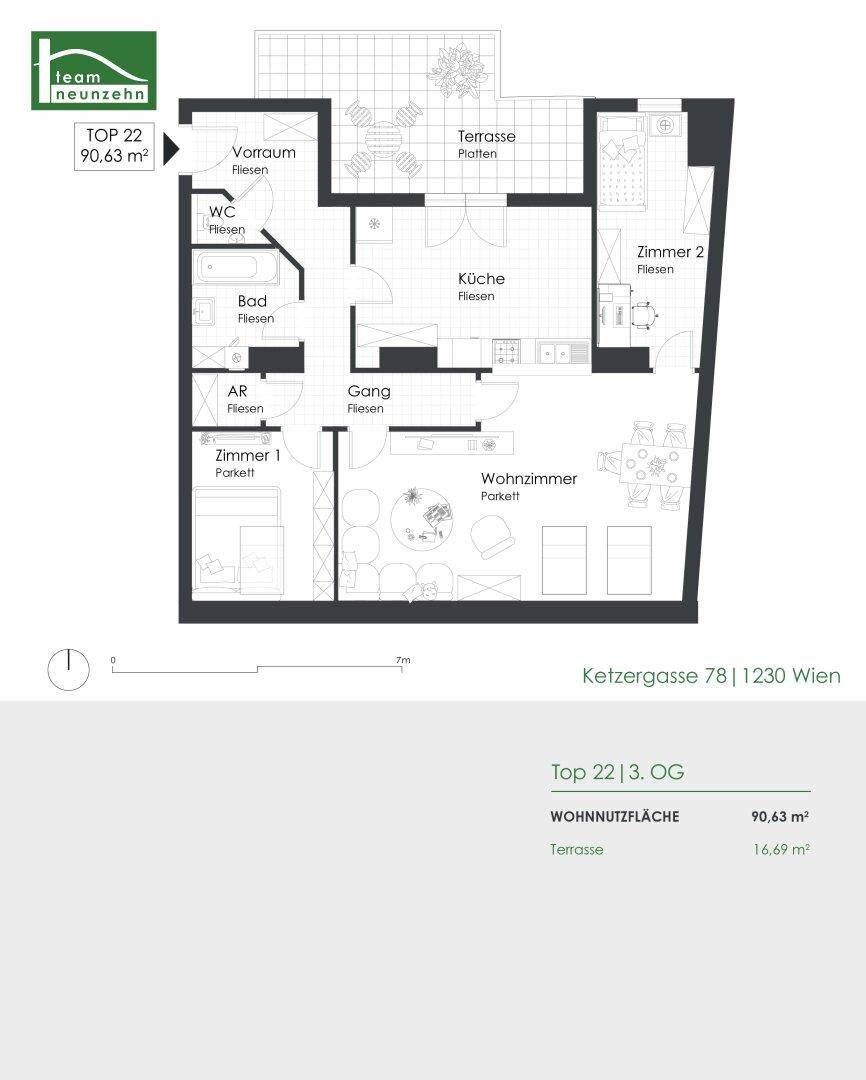 Grundriss der Wohnung Top 22 mit 90,63 m² Wohnnutzfläche und Terrasse.