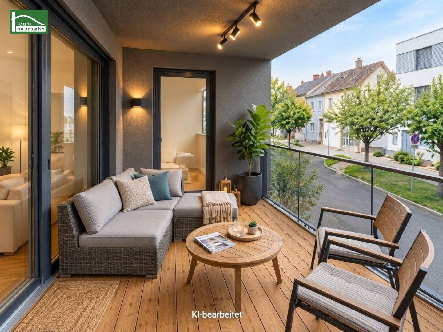 Gemütlicher Balkon mit modernen Outdoor-Möbeln, Holzboden und Blick auf die Straße.