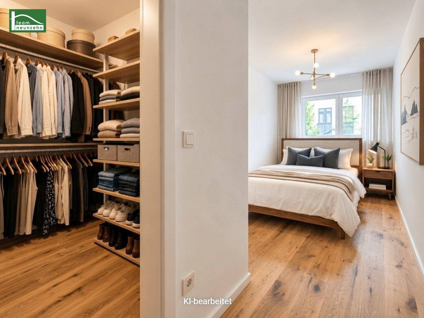 Schlafzimmer mit Holzboden und angrenzendem begehbarem Kleiderschrank, modern eingerichtet.