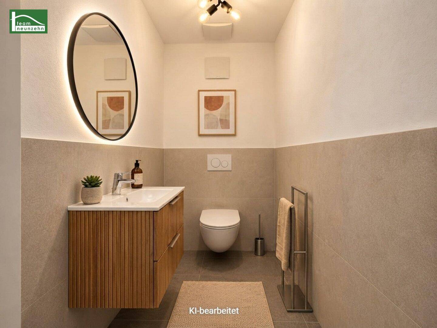 Modernes Gäste-WC mit schwebendem Waschtisch, beleuchtetem Spiegel und Wand-WC.