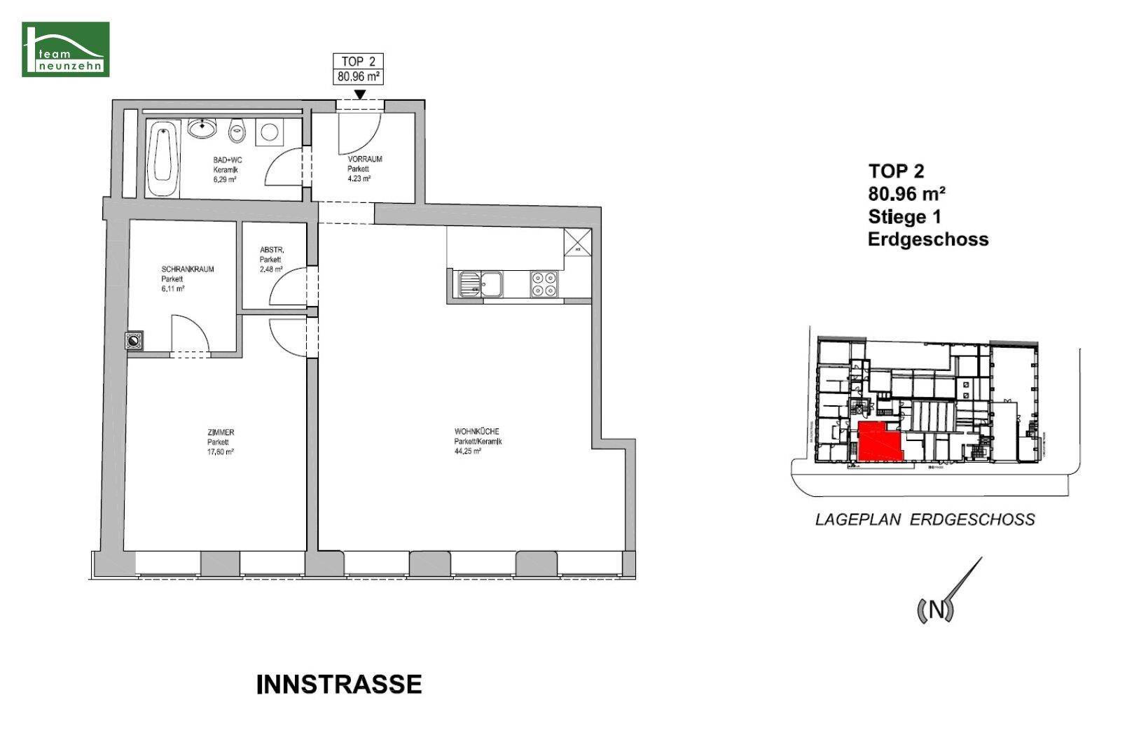 Grundriss der Wohnung Top 2 im Erdgeschoss mit 80,96 m² Wohnfläche.