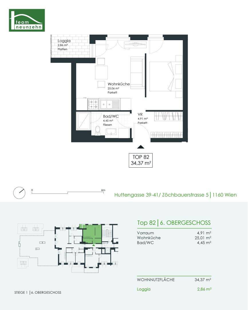 Grundriss der Wohnung Top 82 im Obergeschoss mit Loggia und Wohnküche.