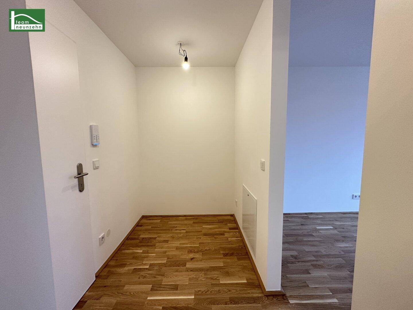 Heller Eingangsbereich mit Holzboden und weiß gestrichenen Wänden, führt in den Wohnbereich.