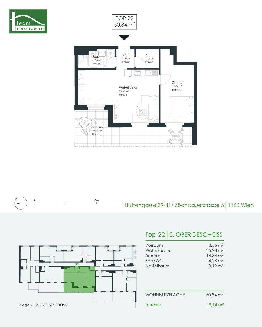 Grundriss der Wohnung TOP 22 mit 50,84 m² Wohnfläche und einer 19,14 m² großen Terrasse.