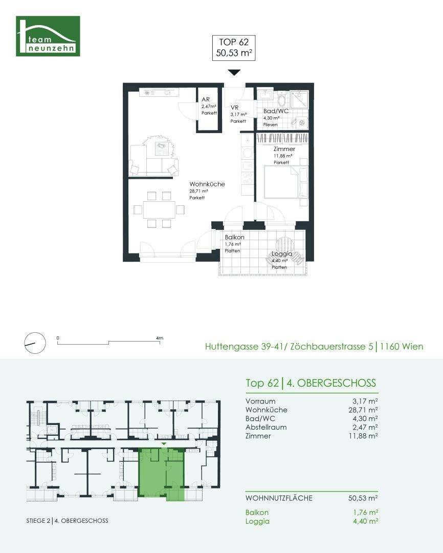 Grundriss der Wohnung TOP 62 mit 50,53 m² Wohnnutzfläche, Balkon und Loggia.