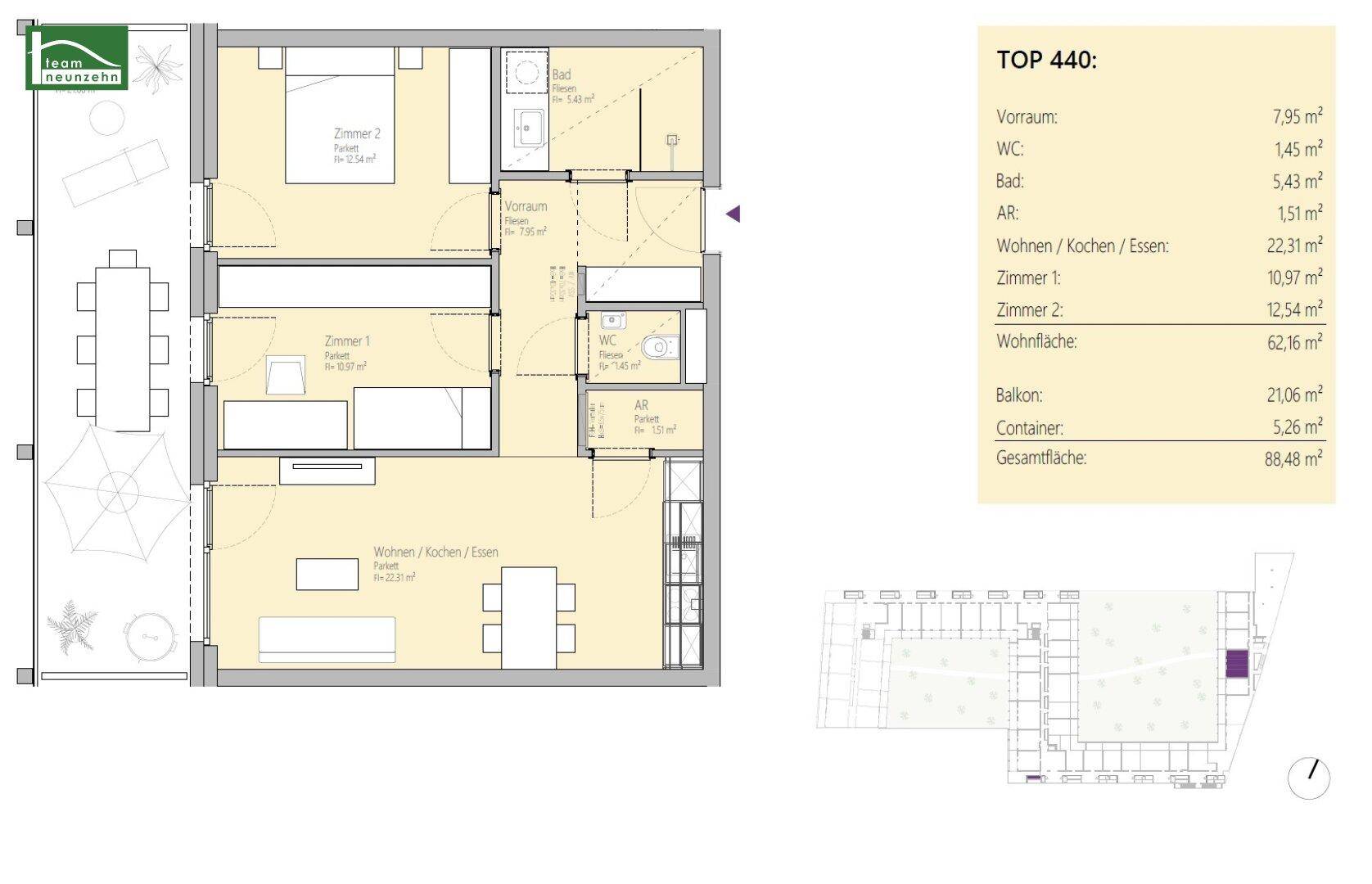 Detaillierter Grundriss der Wohnung TOP 440 mit Wohnflächenangaben und Balkon.