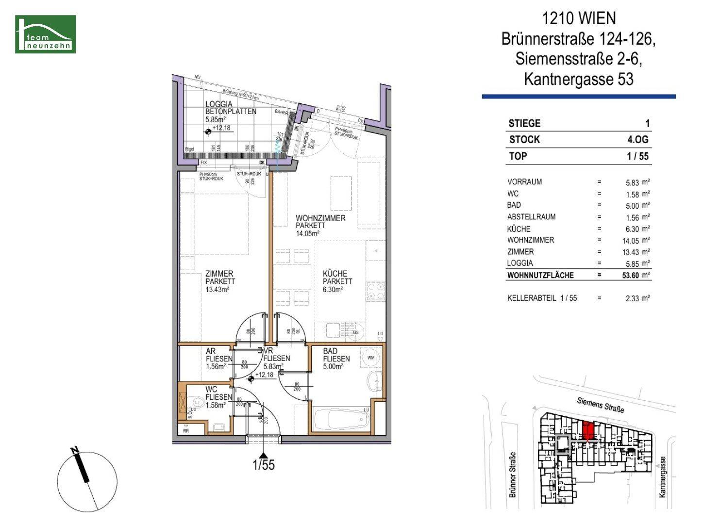 Grundriss der Wohnung mit Zimmeraufteilung, Flächenangaben und Loggia.