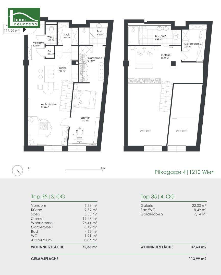 Grundriss einer Maisonette-Wohnung über zwei Etagen mit offenem Wohnbereich und Galerie.