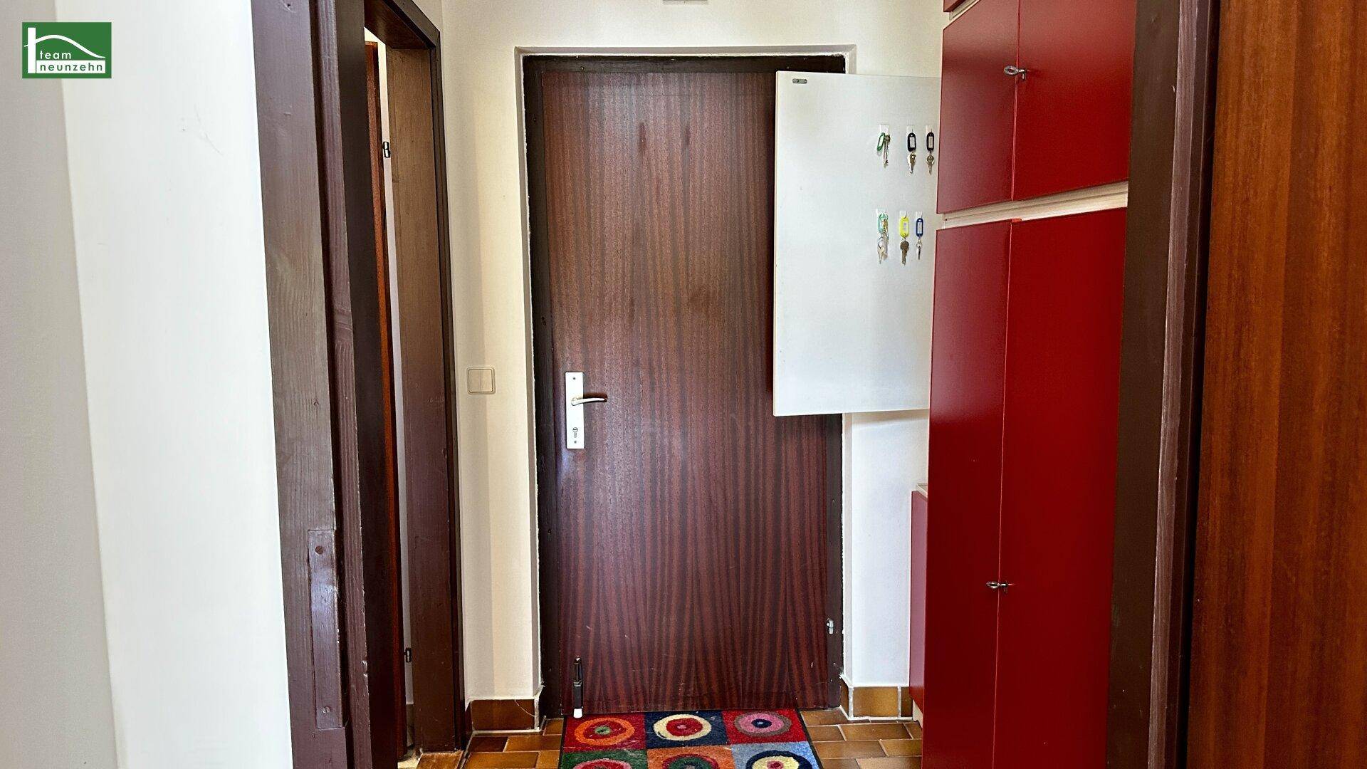 Eingangsbereich mit dunkler Holztür, roten Schränken und farbenfrohem Teppich.