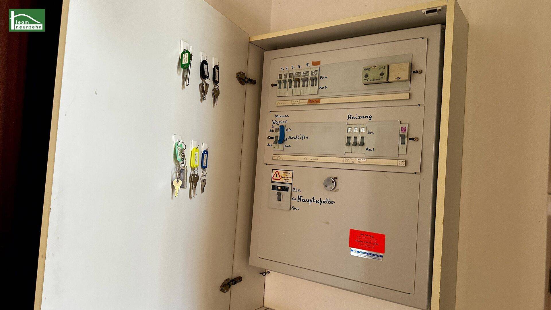 Elektrischer Sicherungskasten mit Beschriftungen für Heizung und Wasser.