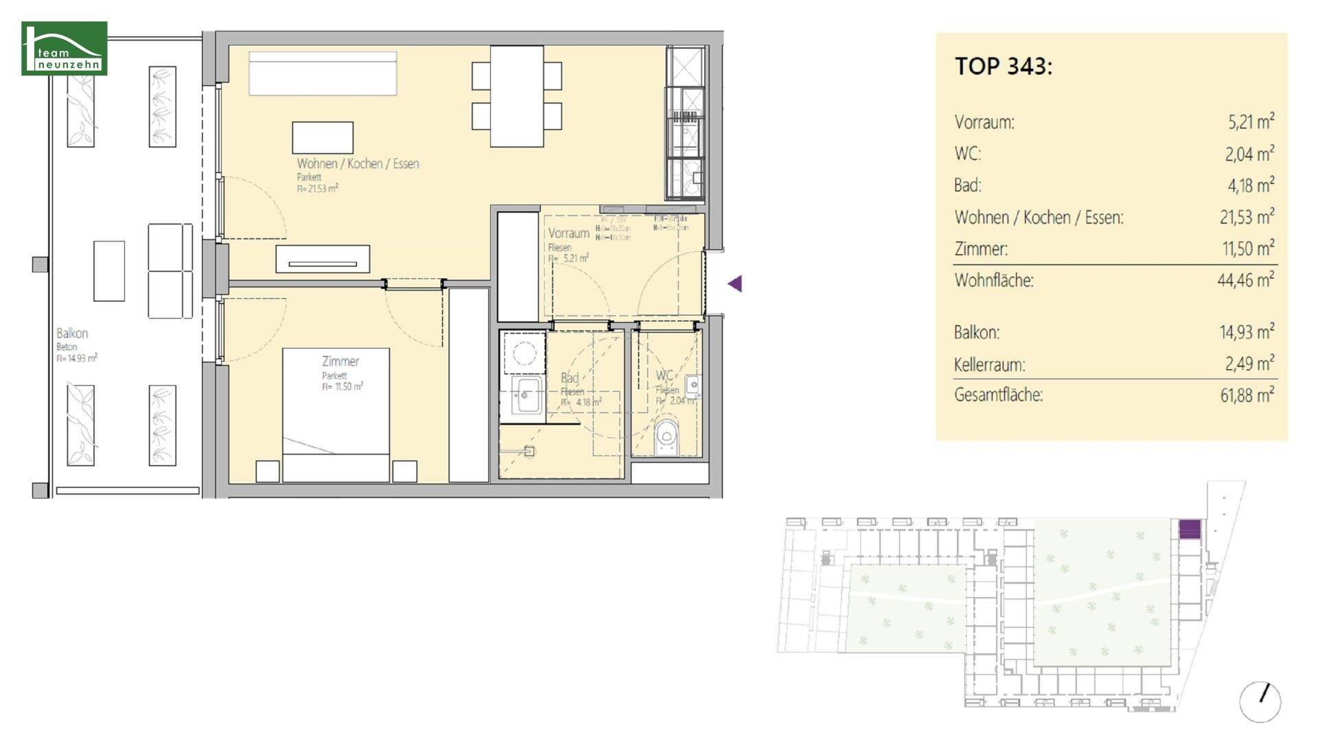 Grundriss der Wohnung TOP 343 mit Wohn-Essbereich, Schlafzimmer und Balkon.