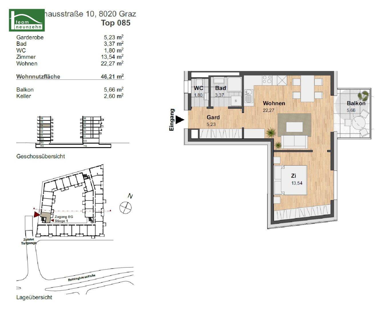 Grundriss einer Wohnung mit offenem Wohnbereich, Schlafzimmer, Bad, WC und Balkon.