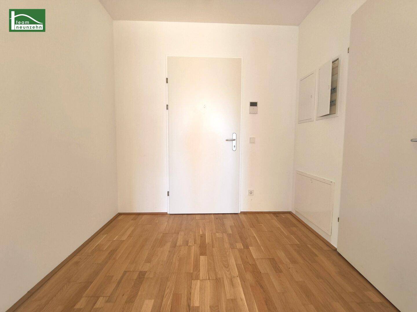 Eingangsbereich mit Holzboden und weißer Tür, bietet Zugang zu den weiteren Räumen.