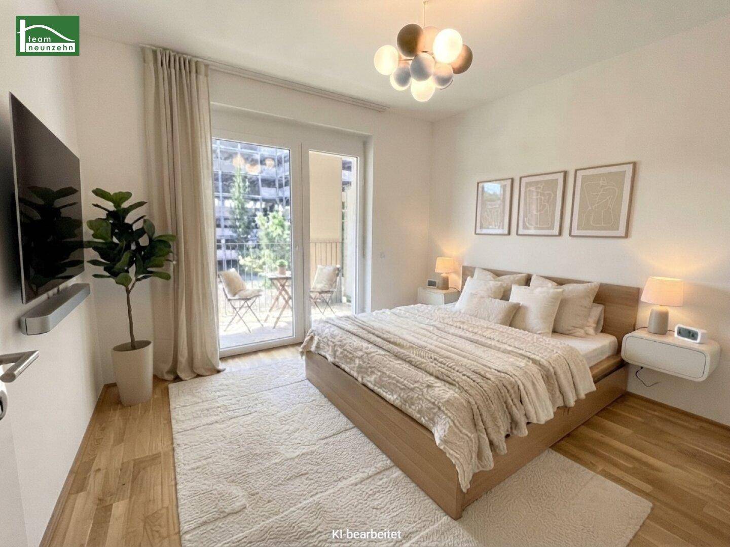 Gemütliches Schlafzimmer mit Holzboden, großem Bett und direktem Zugang zu einem kleinen Balkon.