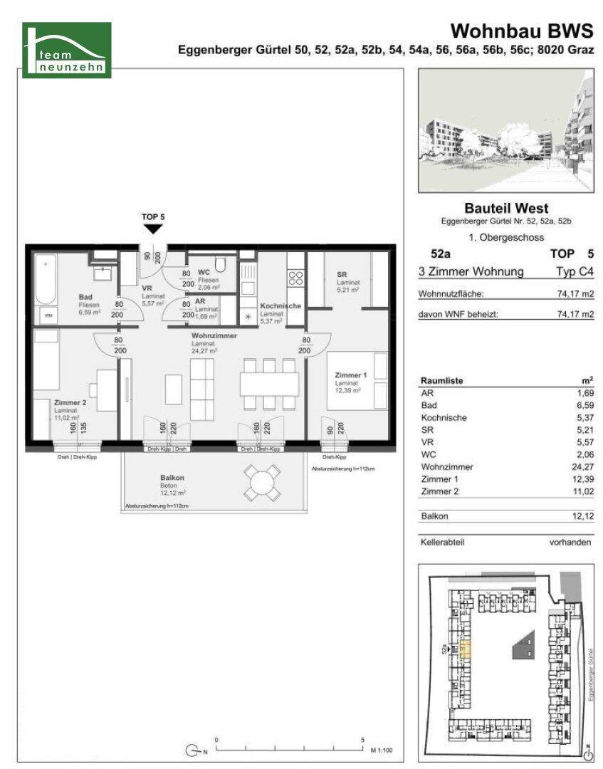 Detaillierter Grundriss einer 3-Zimmer-Wohnung mit Balkon und Kellerabteil.