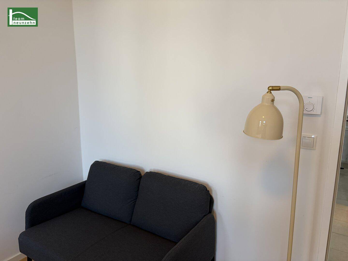 Gemütliche Sitzecke mit einem dunklen Sofa und einer Stehlampe vor einer weißen Wand.