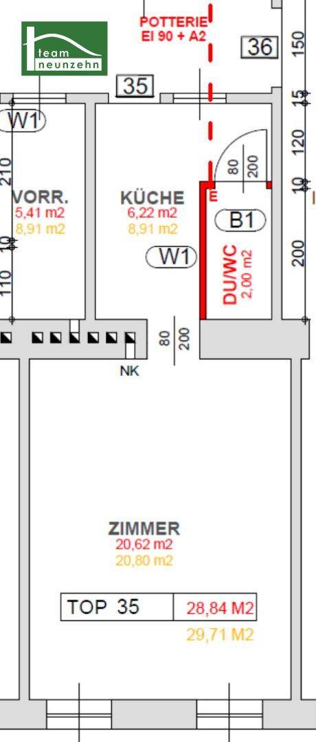 Grundriss für Top 35 mit Zimmer, Küche, Vorraum und Dusch-WC, inklusive Flächenangaben.