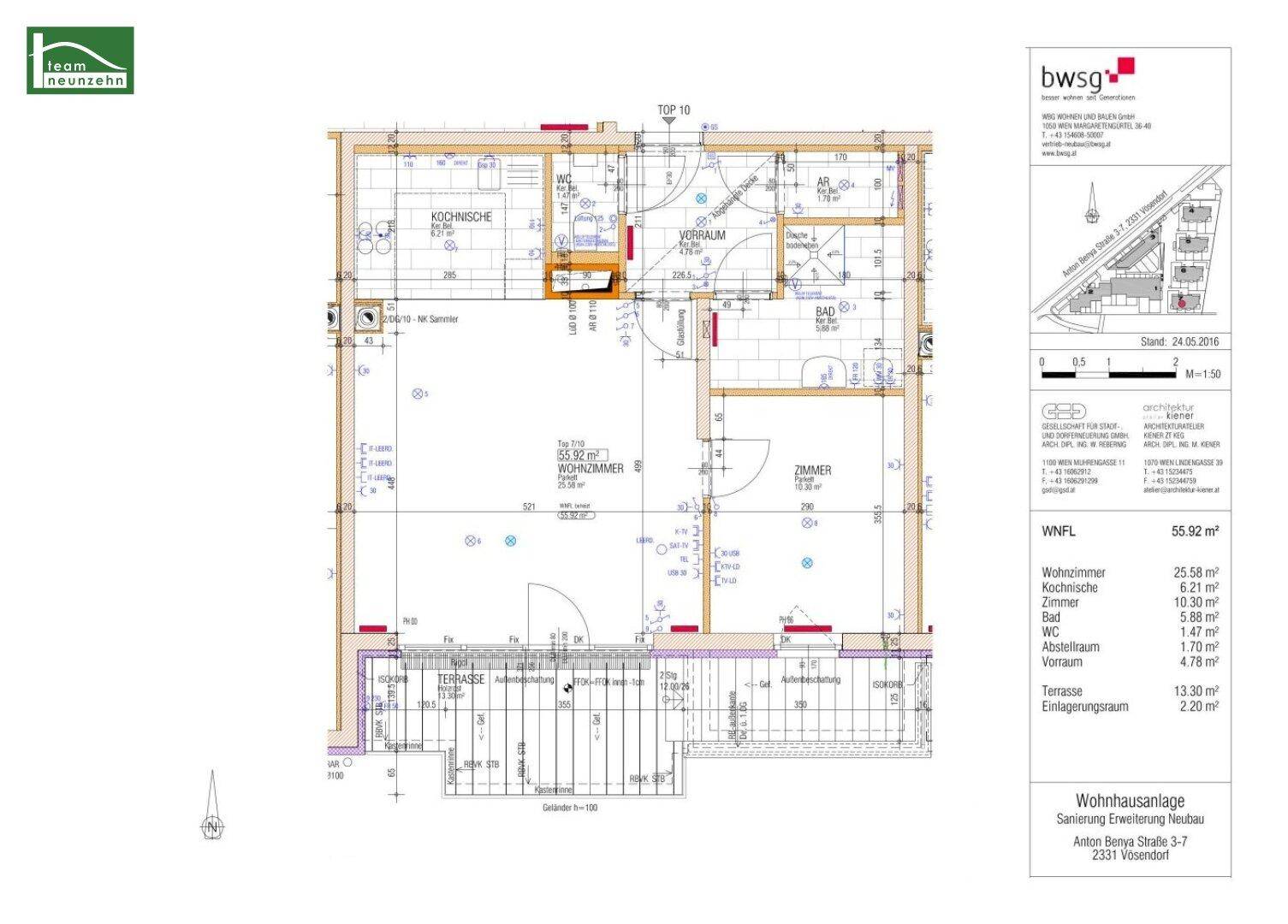 Grundriss einer Wohnung mit Wohnzimmer, Küche, Bad, WC, Zimmer und einer Terrasse.