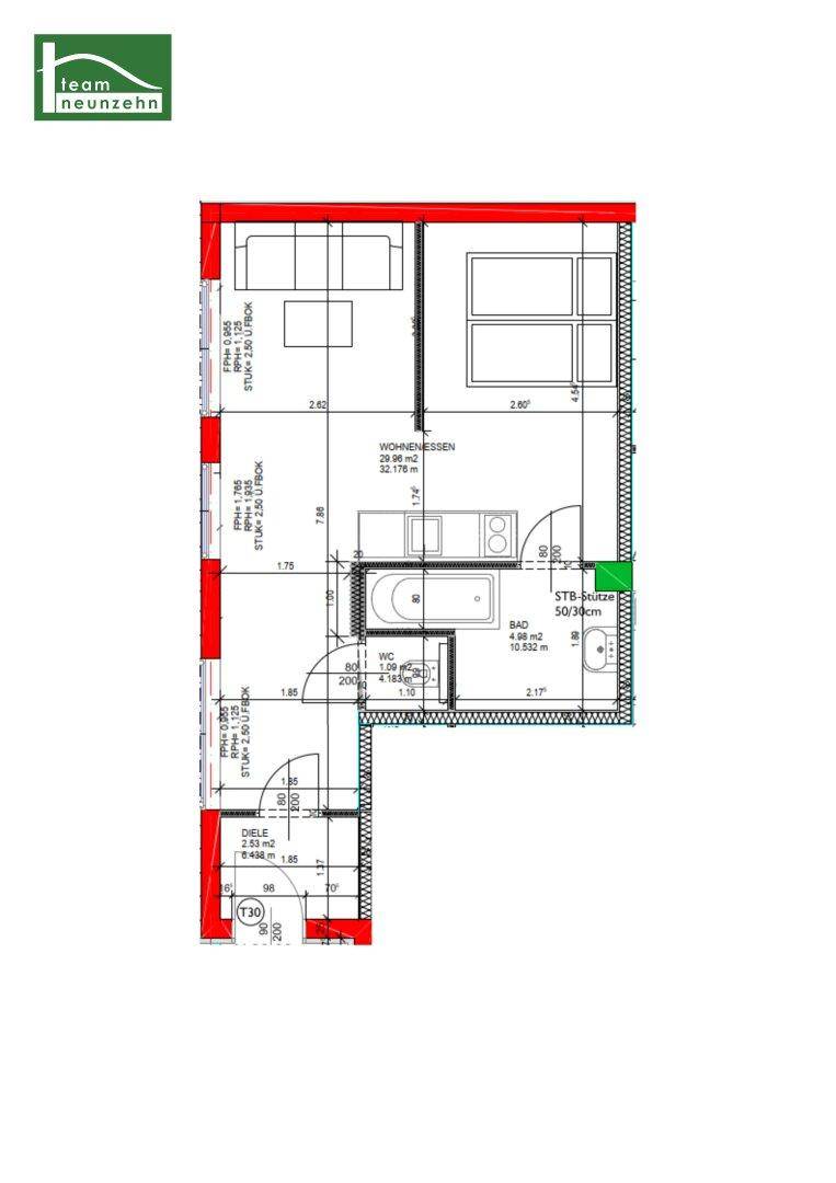 Detaillierter Grundriss einer Wohnung mit Wohn-Essbereich, Bad und Schlafzimmern.