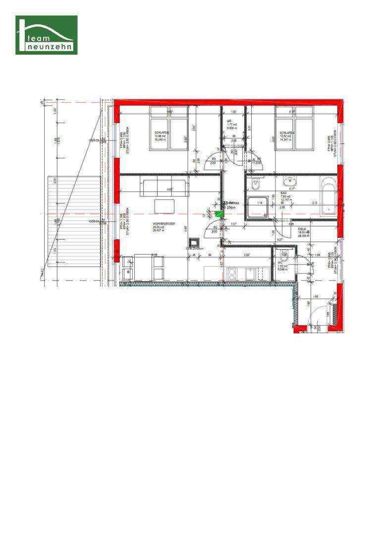 Ausführlicher Grundriss einer Wohnung mit mehreren Schlafzimmern, Wohnbereich und zwei Bädern.
