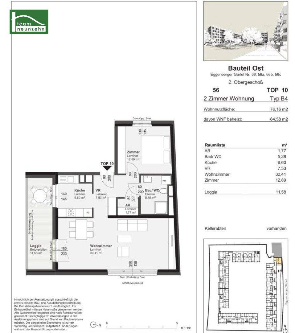 Grundriss einer 2-Zimmer-Wohnung im 2. Obergeschoss mit Loggia und separatem Wohnzimmer.