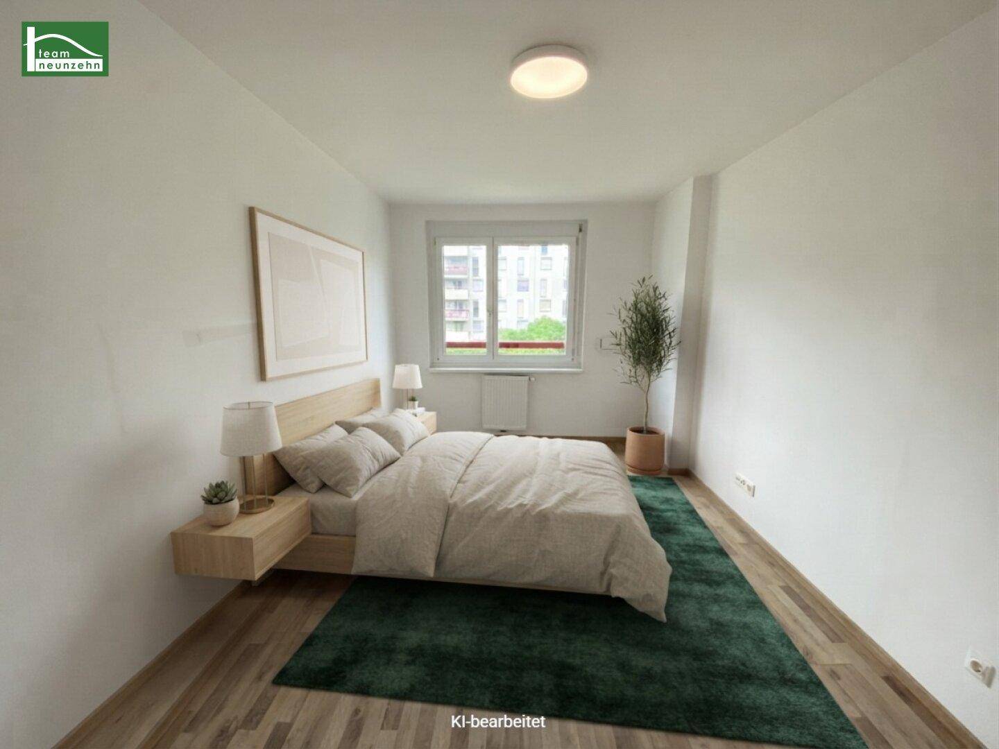 KI-bearbeitetes Schlafzimmer mit modernem Bett, grünem Teppich und hellem Holzboden.