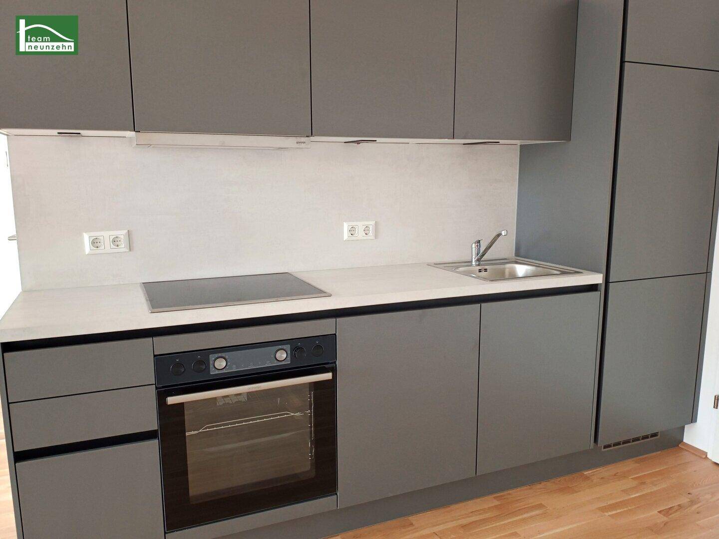 Detailansicht einer modernen grauen Küchenzeile mit Induktionskochfeld, Backofen und Spülbecken.
