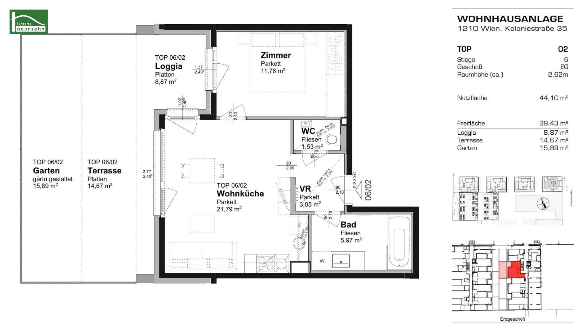 Grundriss einer Wohnung mit Wohnküche, Schlafzimmer, Bad, WC, Loggia, Terrasse und Garten.