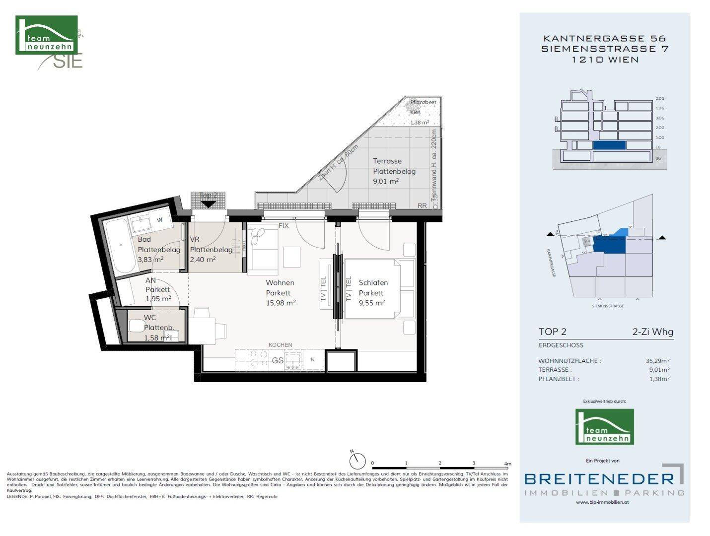 Grundriss einer 2-Zimmer-Wohnung mit Terrasse, Bad und separatem WC.