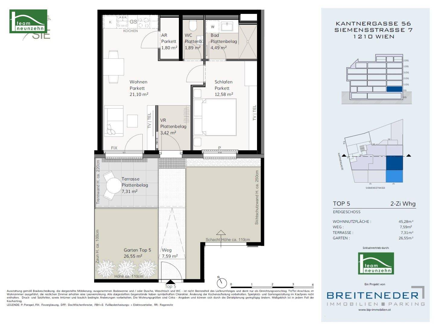 Grundriss einer 2-Zimmer-Wohnung mit Terrasse und Gartenanteil im Erdgeschoss.