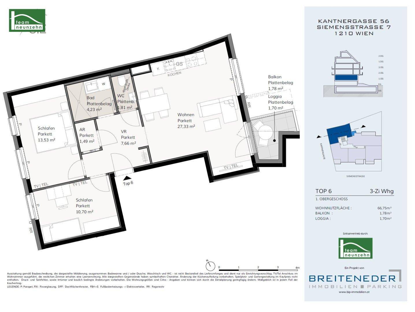 Detaillierter Grundriss einer 3-Zimmer-Wohnung mit Balkon, Loggia und separatem WC.