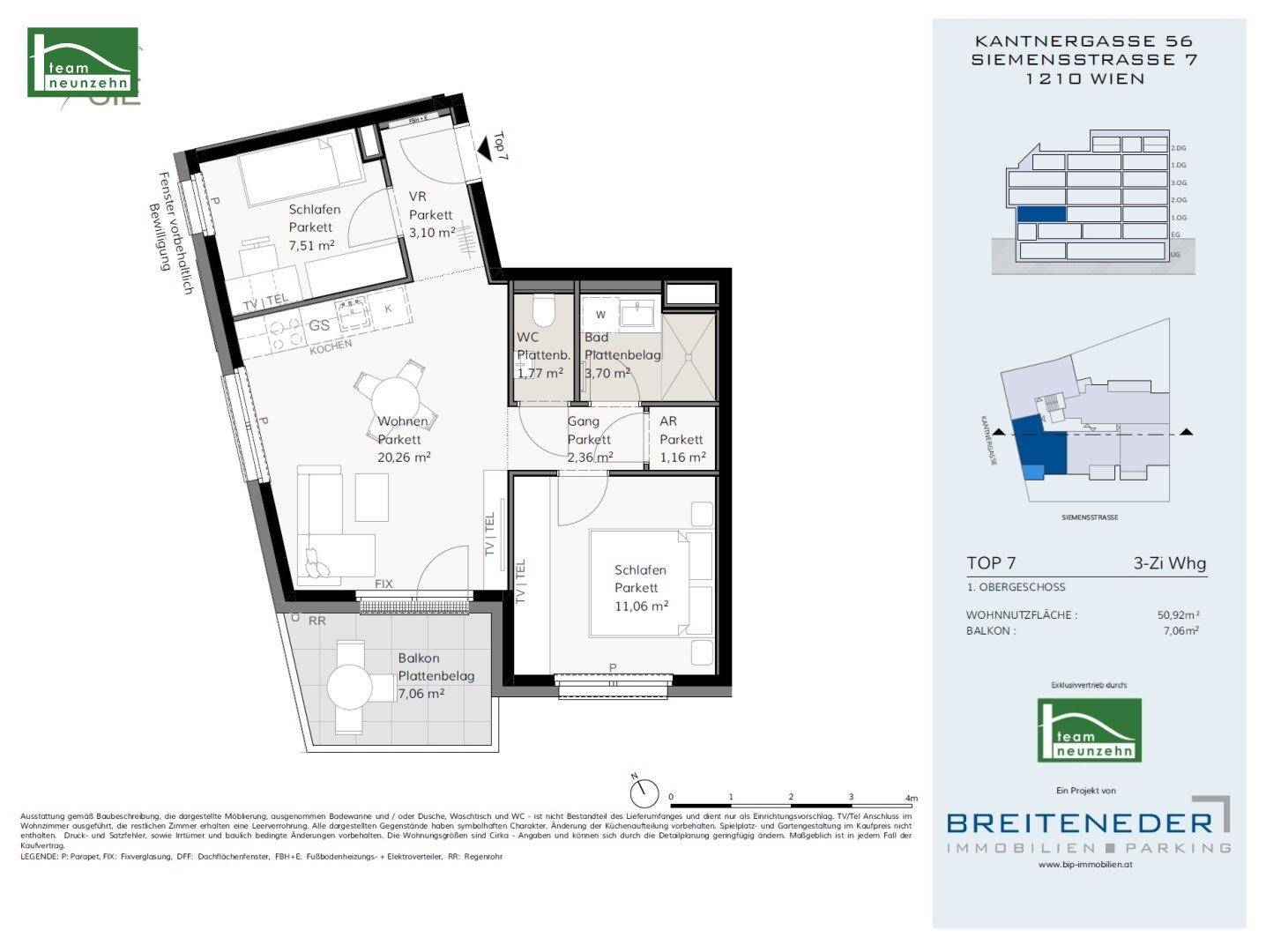 Grundriss einer 3-Zimmer-Wohnung im Obergeschoss mit Balkon und separatem WC.