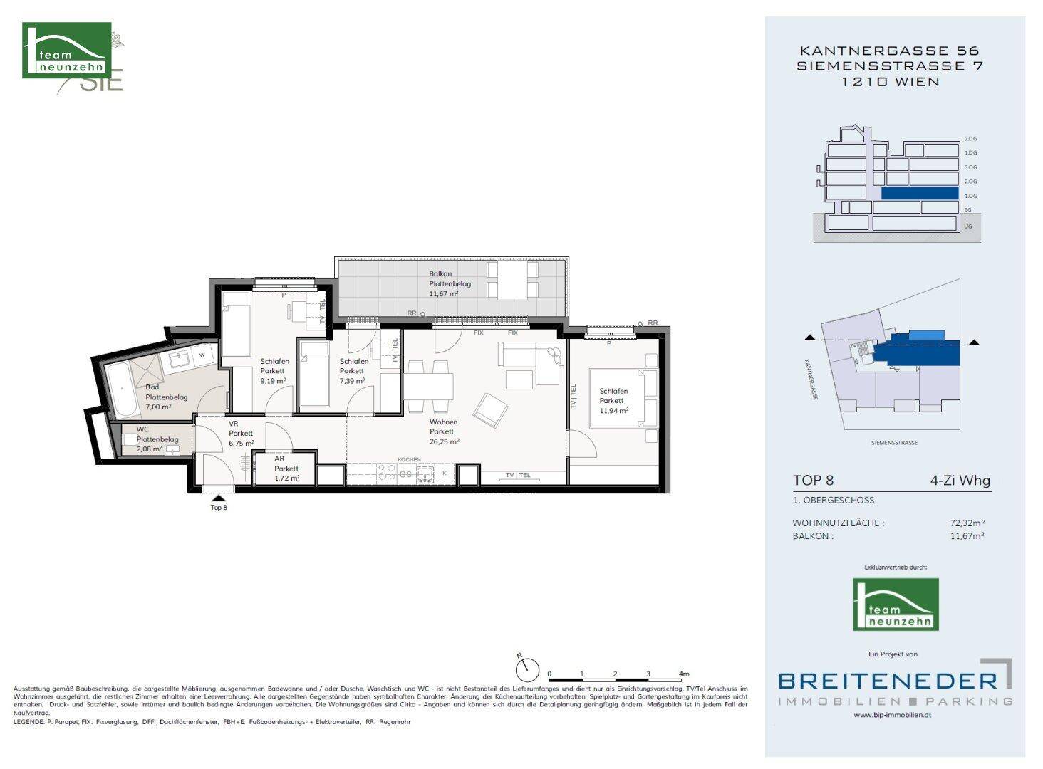 Detaillierter Grundriss einer 4-Zimmer-Wohnung mit Balkon, inklusive Raumaufteilung und Flächenangaben.