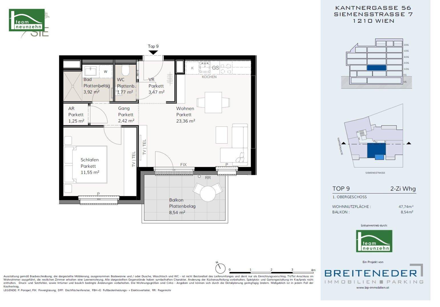 Detaillierter Grundriss einer 2-Zimmer-Wohnung mit Balkon, Bad und separatem WC.