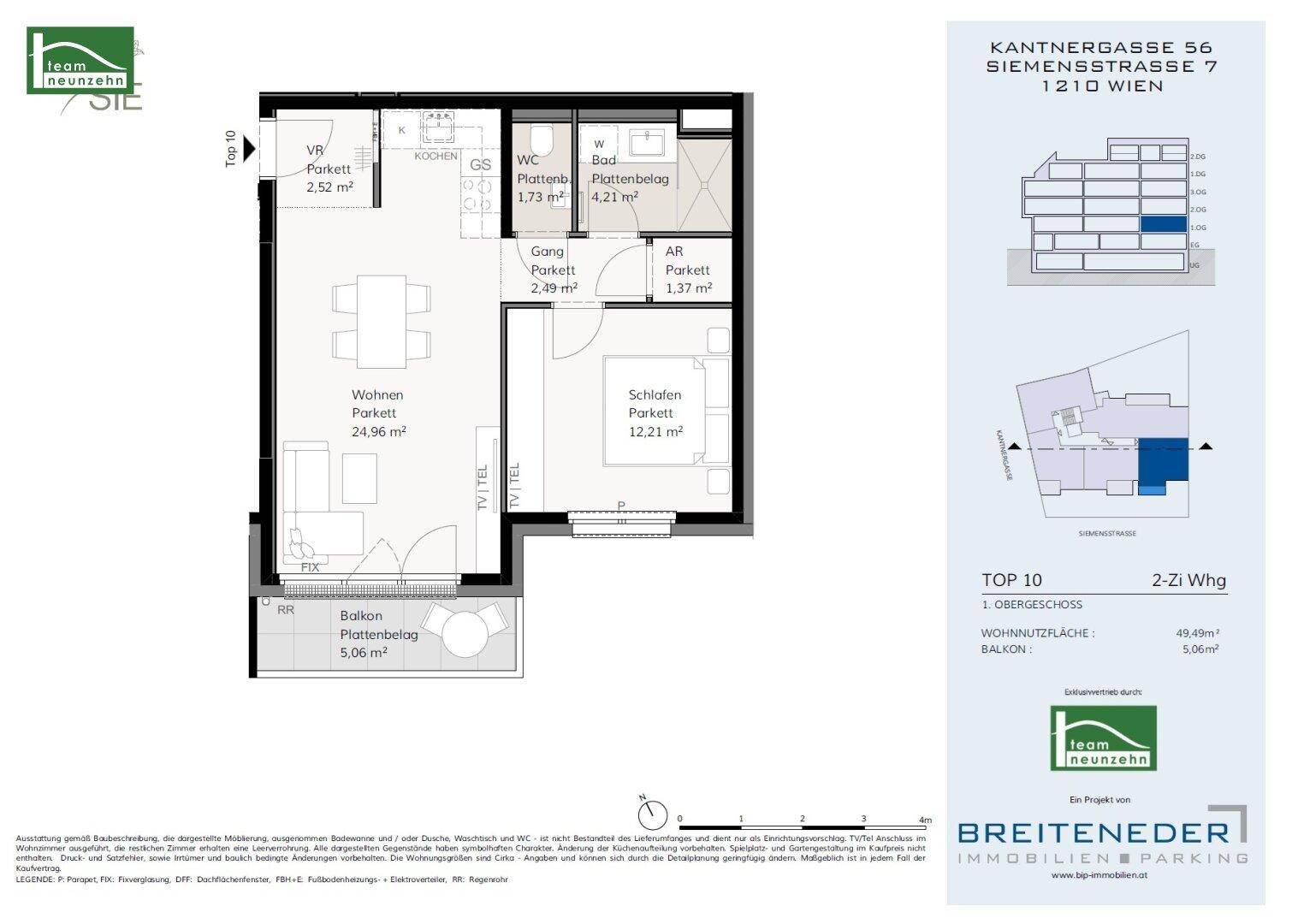 Detaillierter Grundriss einer Wohnung mit Wohnzimmer, Küche, Schlafzimmer, Bad und Balkon.