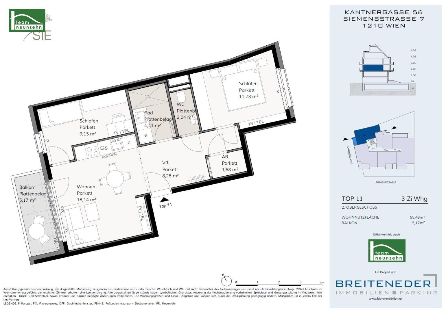Grundriss einer 3-Zimmer-Wohnung mit Balkon, zwei Schlafzimmern und offenem Wohnbereich.