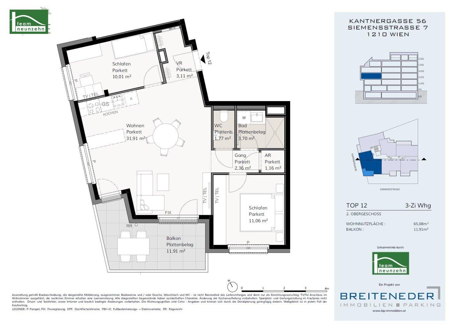 Grundriss der Wohnung TOP 12 mit zwei Schlafzimmern, offenem Wohnbereich und Balkon.