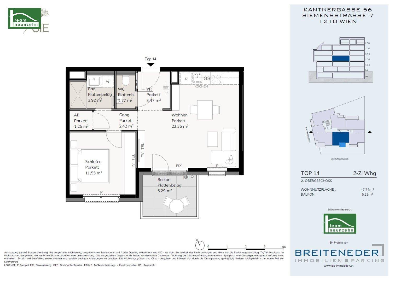Detaillierter Grundriss einer 2-Zimmer-Wohnung mit Balkon und separatem WC.