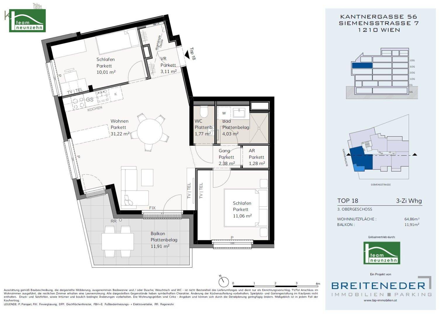 Grundriss einer 3-Zimmer-Wohnung im dritten Obergeschoss mit Balkon und separatem WC.