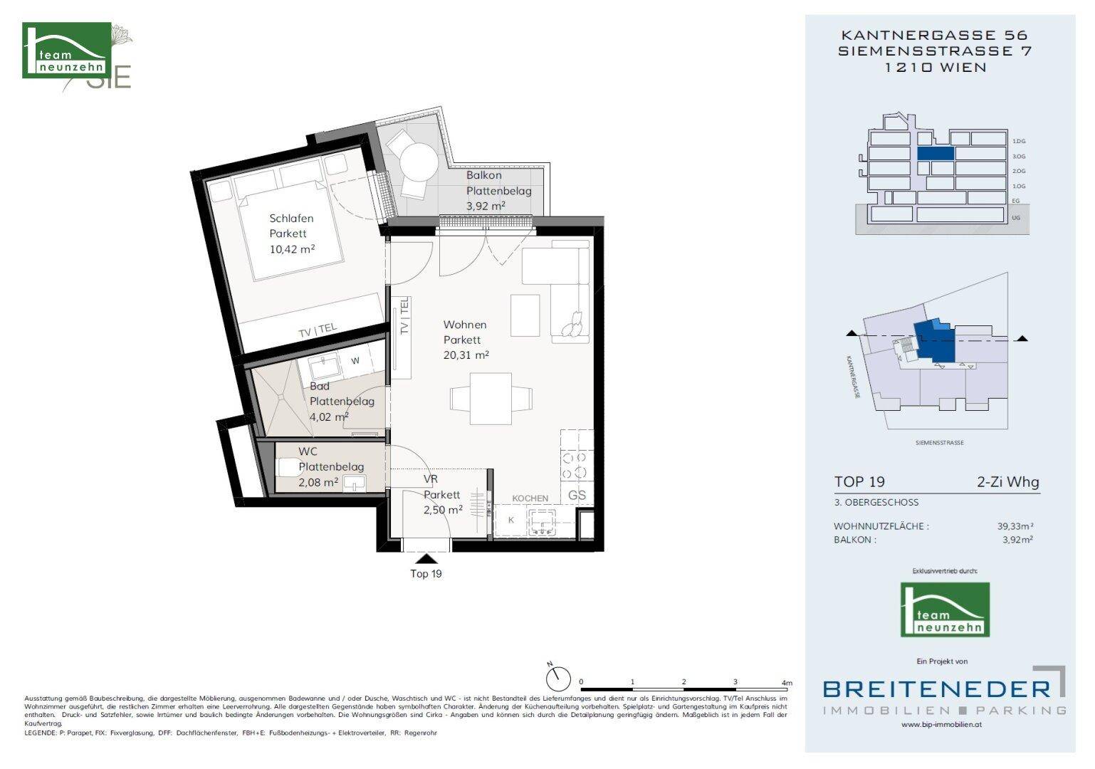 Grundriss einer 2-Zimmer-Wohnung mit Balkon, Schlafzimmer und offenem Wohnbereich.