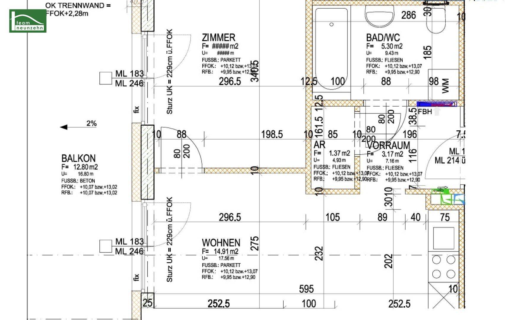 Grundriss einer Wohnung mit Balkon, Zimmer, Bad/WC und offenem Wohnbereich.