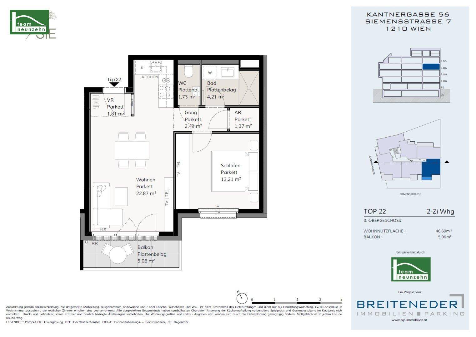 Grundriss der Wohnung TOP 22 mit Wohnzimmer, Schlafzimmer, Bad, WC und Balkon.